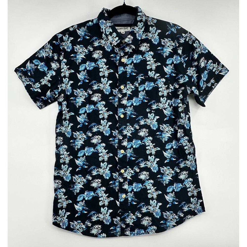 Hawksbay Hawaiian Short Sleeve Shirt Collared Button Up Size Medium Men's Blue